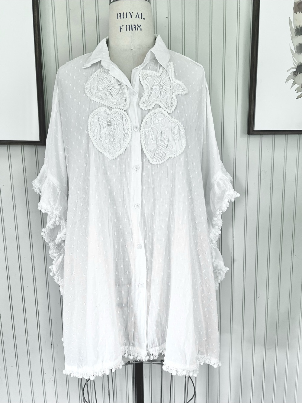 Giacomo Cinque White Cotton Swiss Dot Ruffle arms Cape Top with Beading